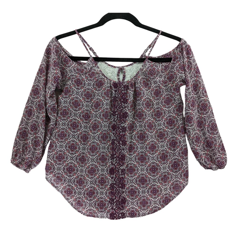 Rewind Cold Shoulder Blouse S Purple Mandala Print Scoop Lace Keyhole Strappy